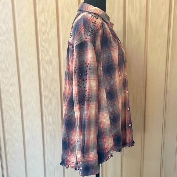 Free People • Take Me On Studded Plaid Fringe Button Down Long Sleeve Shirt XS - Picture 4 of 15